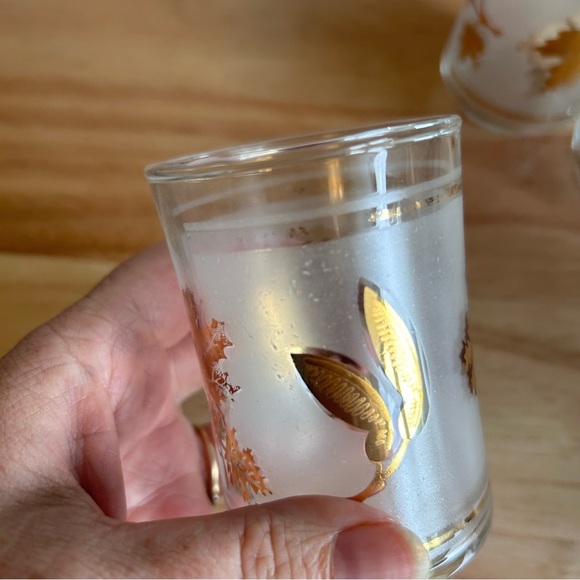 Vintage Libbey 3 Juice Glasses Gold Maple Leaf Frosted Lidded Kraft Pitcher MCM - Picture 12 of 12